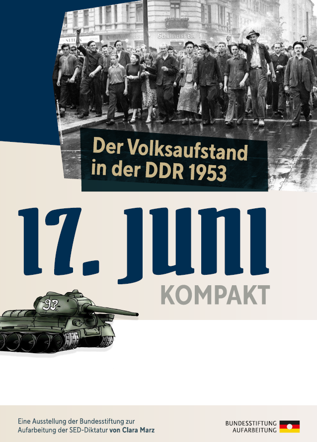 Plakat zur Ausstellung mit Fotos demonstrierender Menschen und eines Panzers
